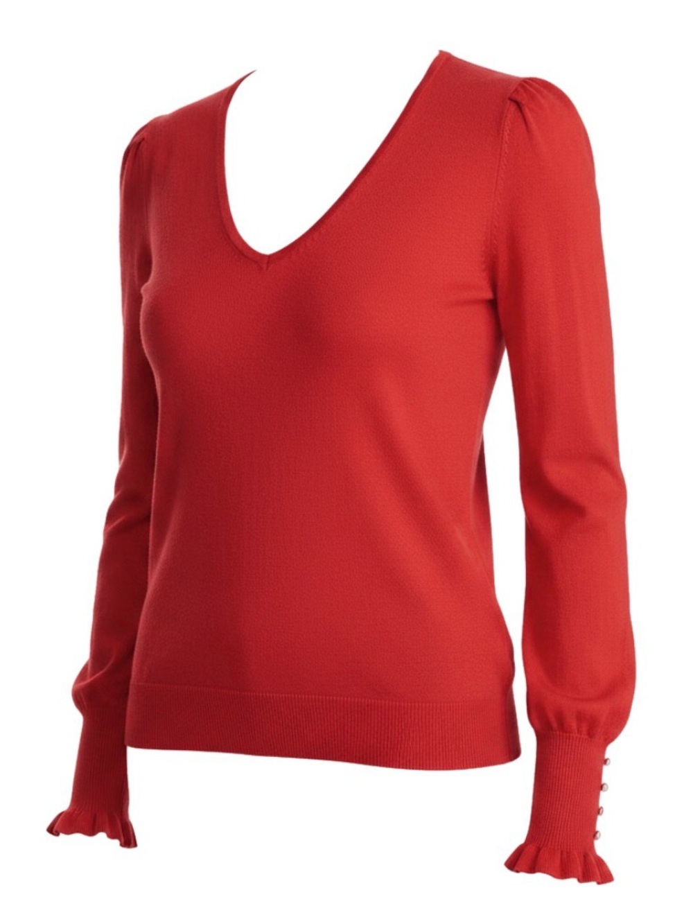 Lauren Ralph Lauren Red V-Neck Puff Sleeve Sweater with Ruffled Cuffs